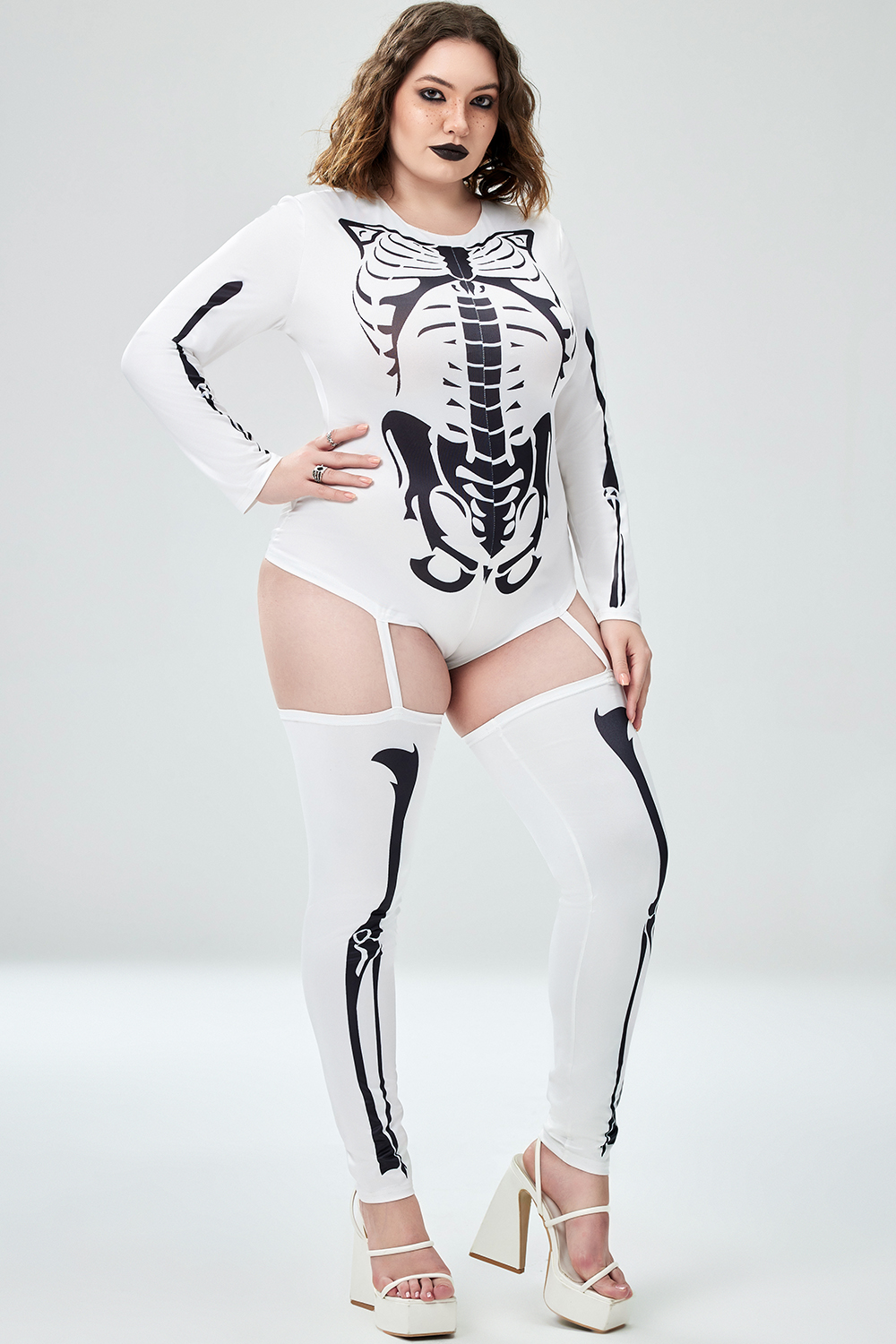 Xpluswear Design Plus Size Casual Halloween Costume White Round Neck Skeletons Print Knitted Bodysuit [Pre-Order]