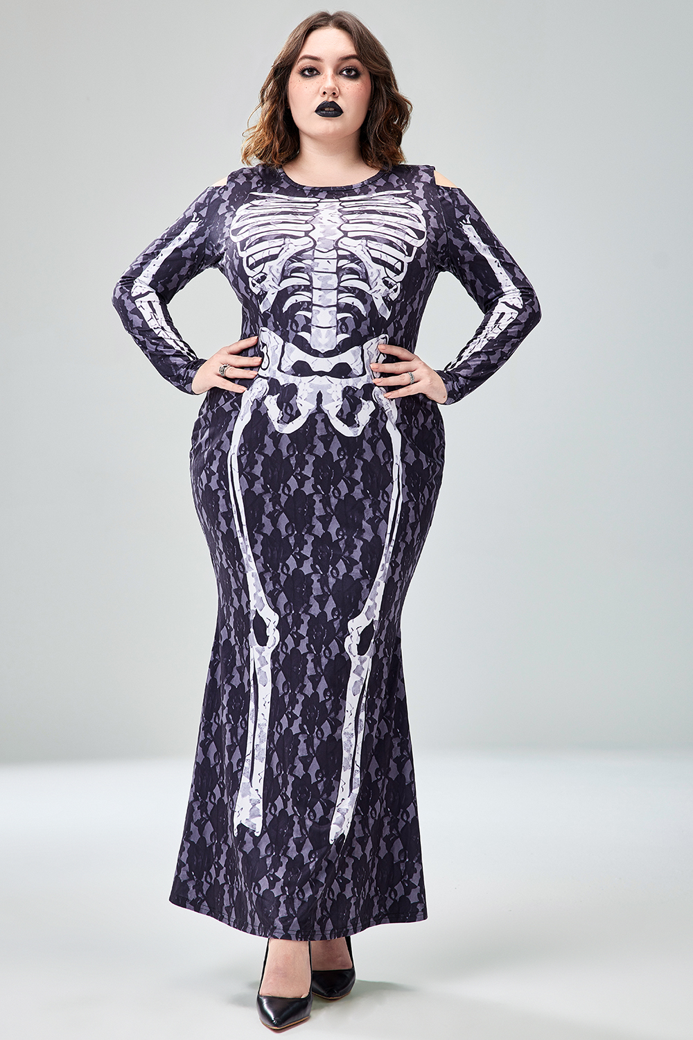 Xpluswear Design Plus Size Halloween Costume Black Skeleton Print Long Sleeve Knitted Maxi Dress