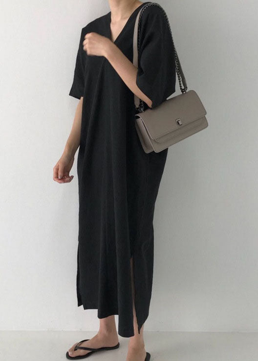 Modern Black V Neck Linen Maxi Dress Short Sleeve