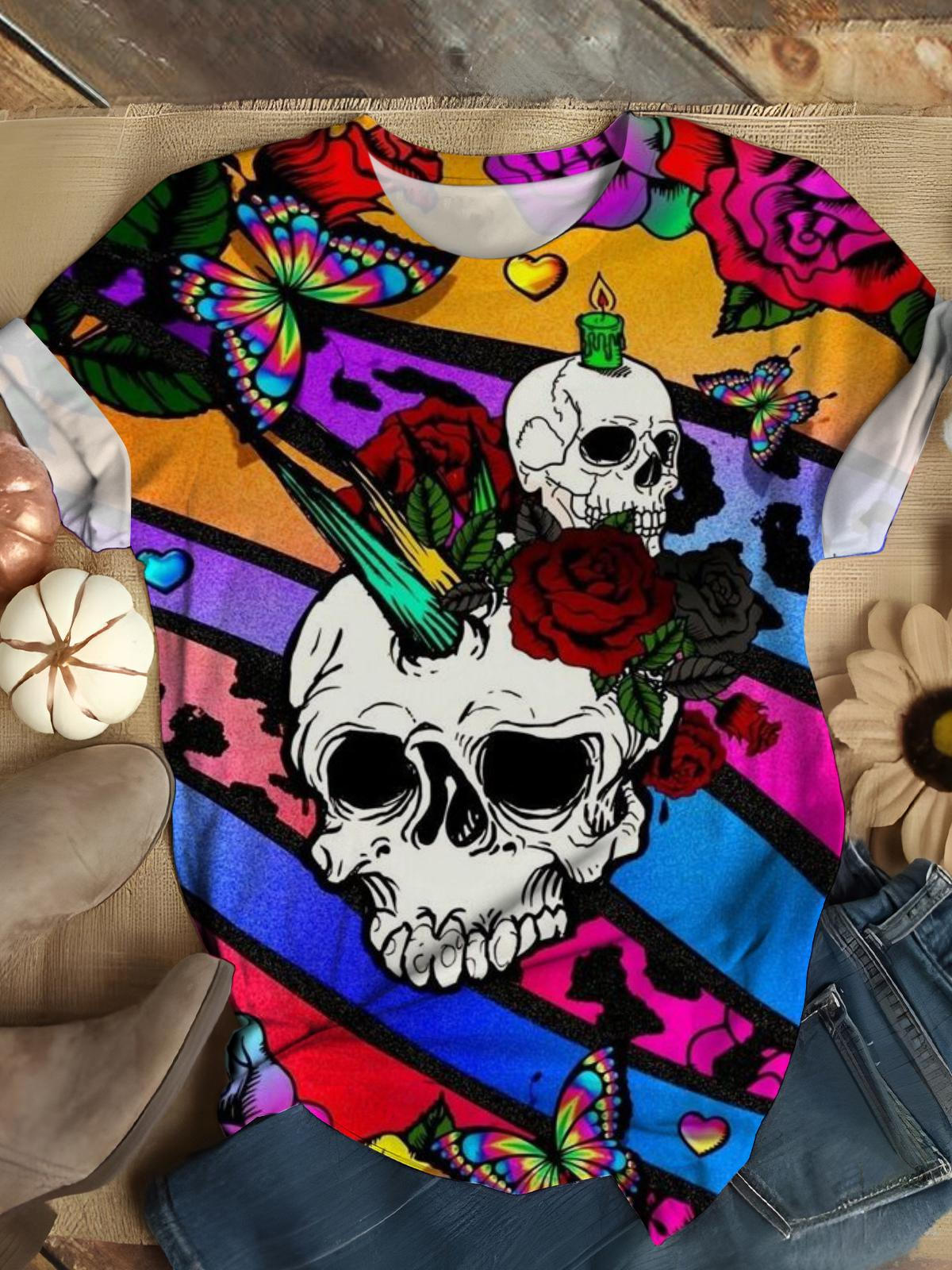 Colorful Skull Flower Crew Neck T-shirt