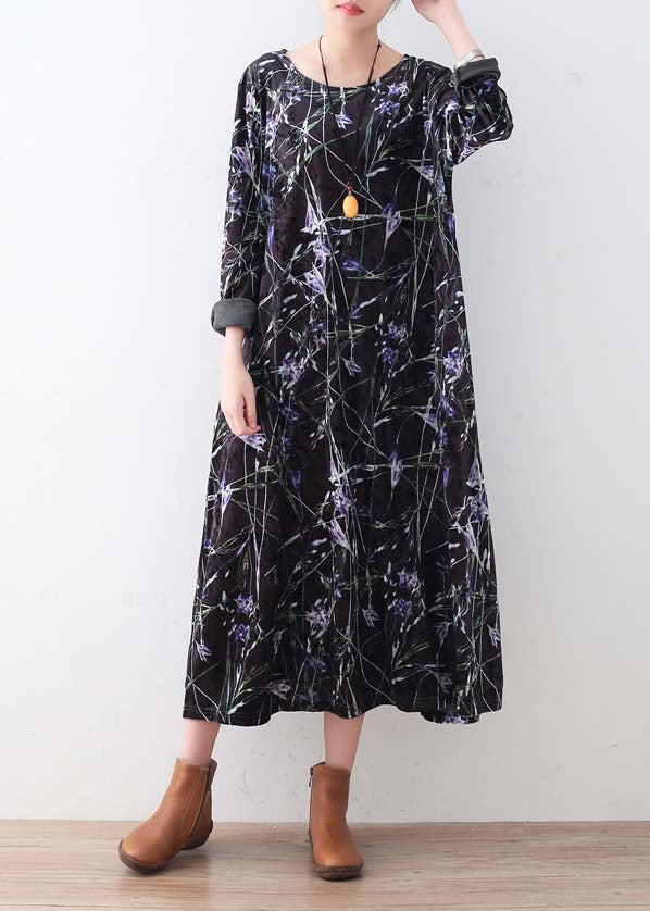 Warm black purple print silk corduroy dresses oversized winter dresses Elegant o neck long dress