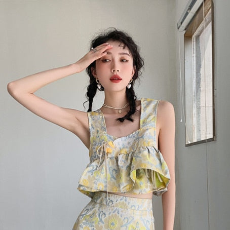 Vintage Chic Luxe Yellow Floral Top & Skirt