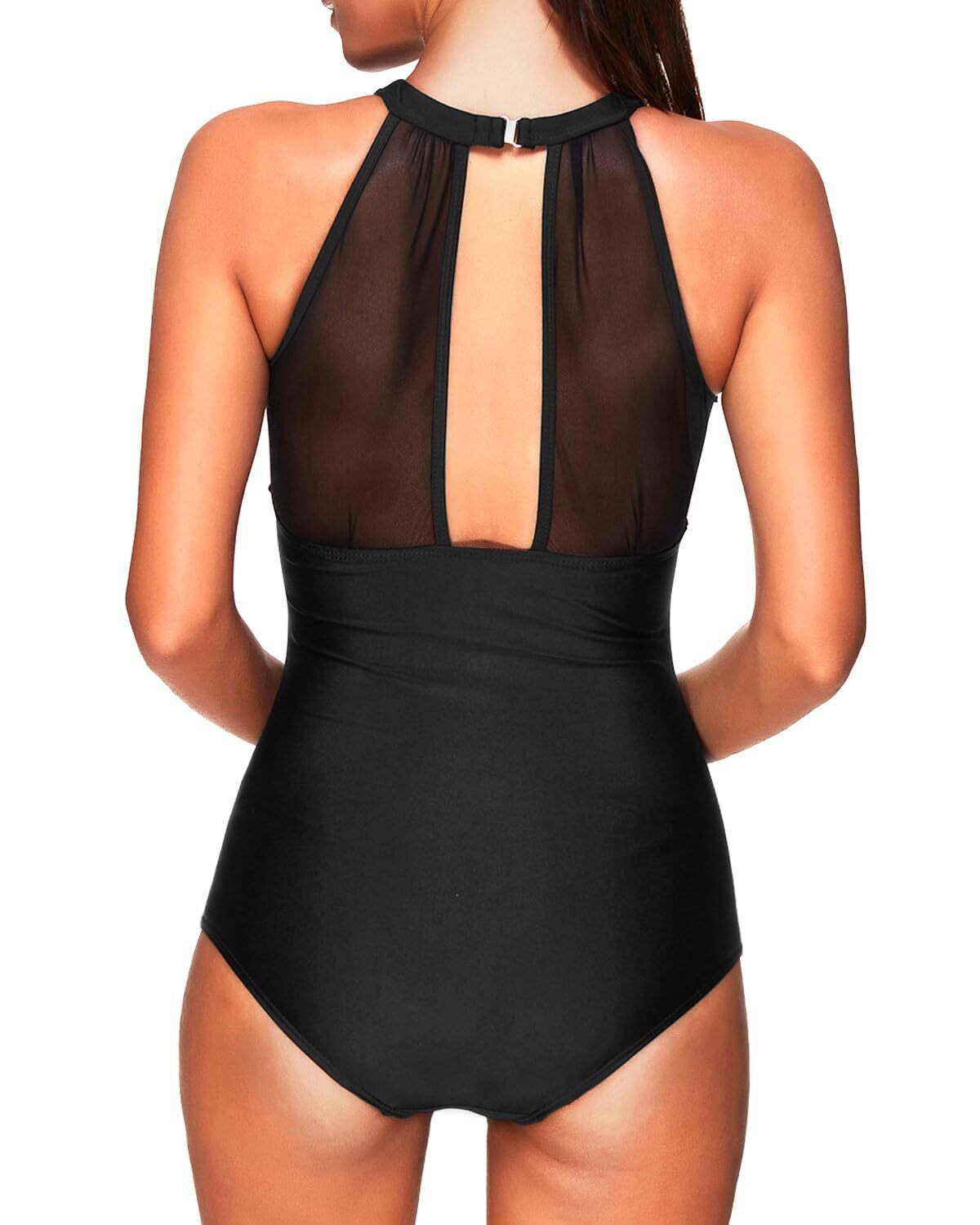 TYPE-01 Women One Piece Swimsuit High Neck Plunge Mesh Ruched Monokini Swimwear