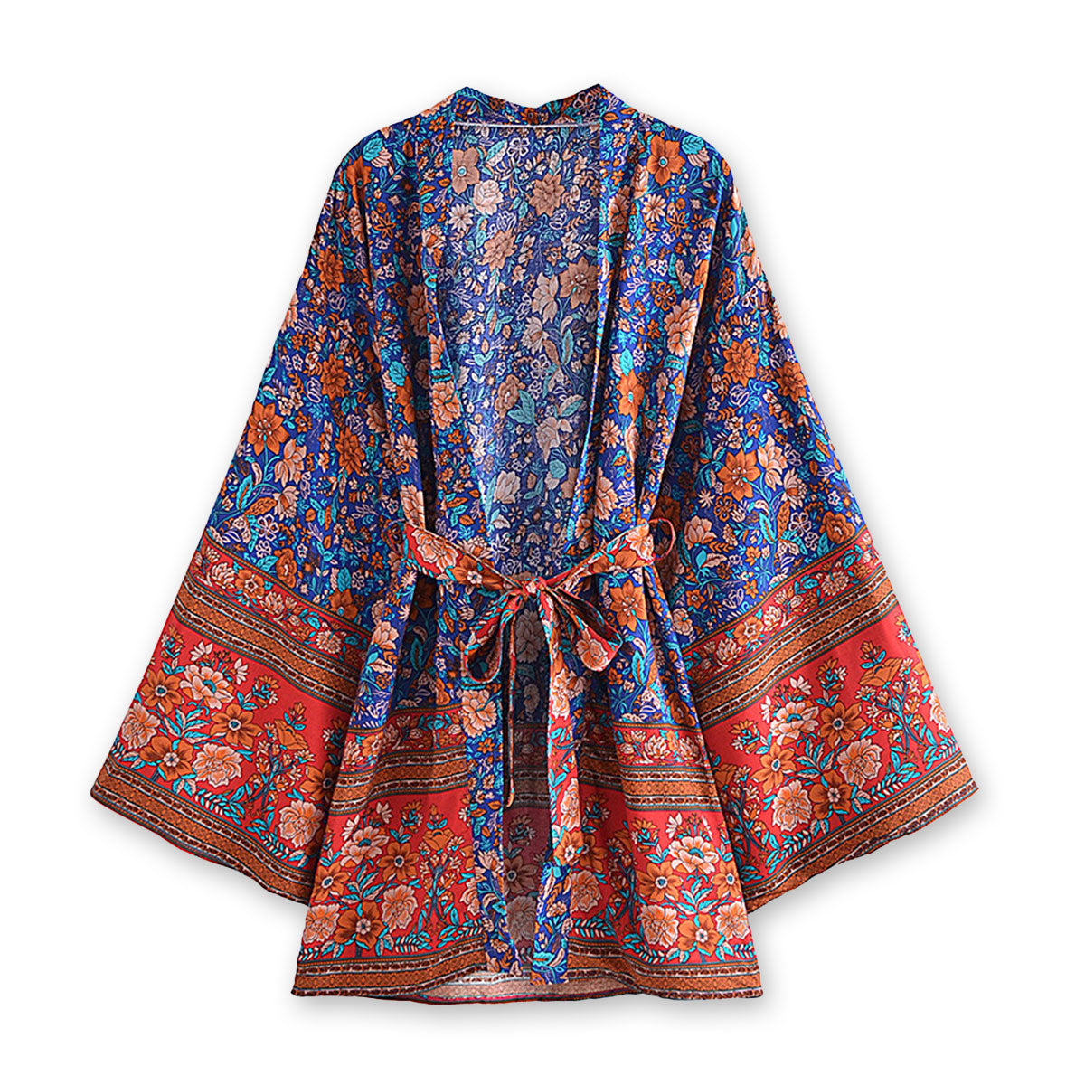 Sapphire Blue Boho Floral Print Short Robe