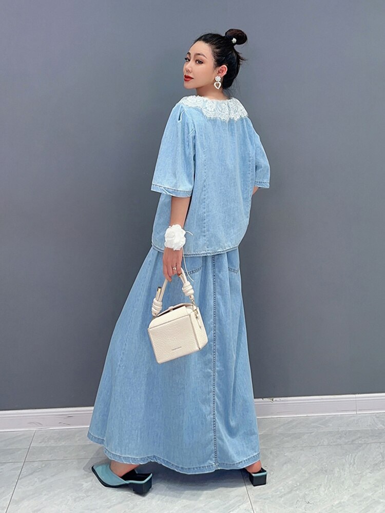 Handmade Everyday Casual Denim Top & Skirt 2-Piece Set