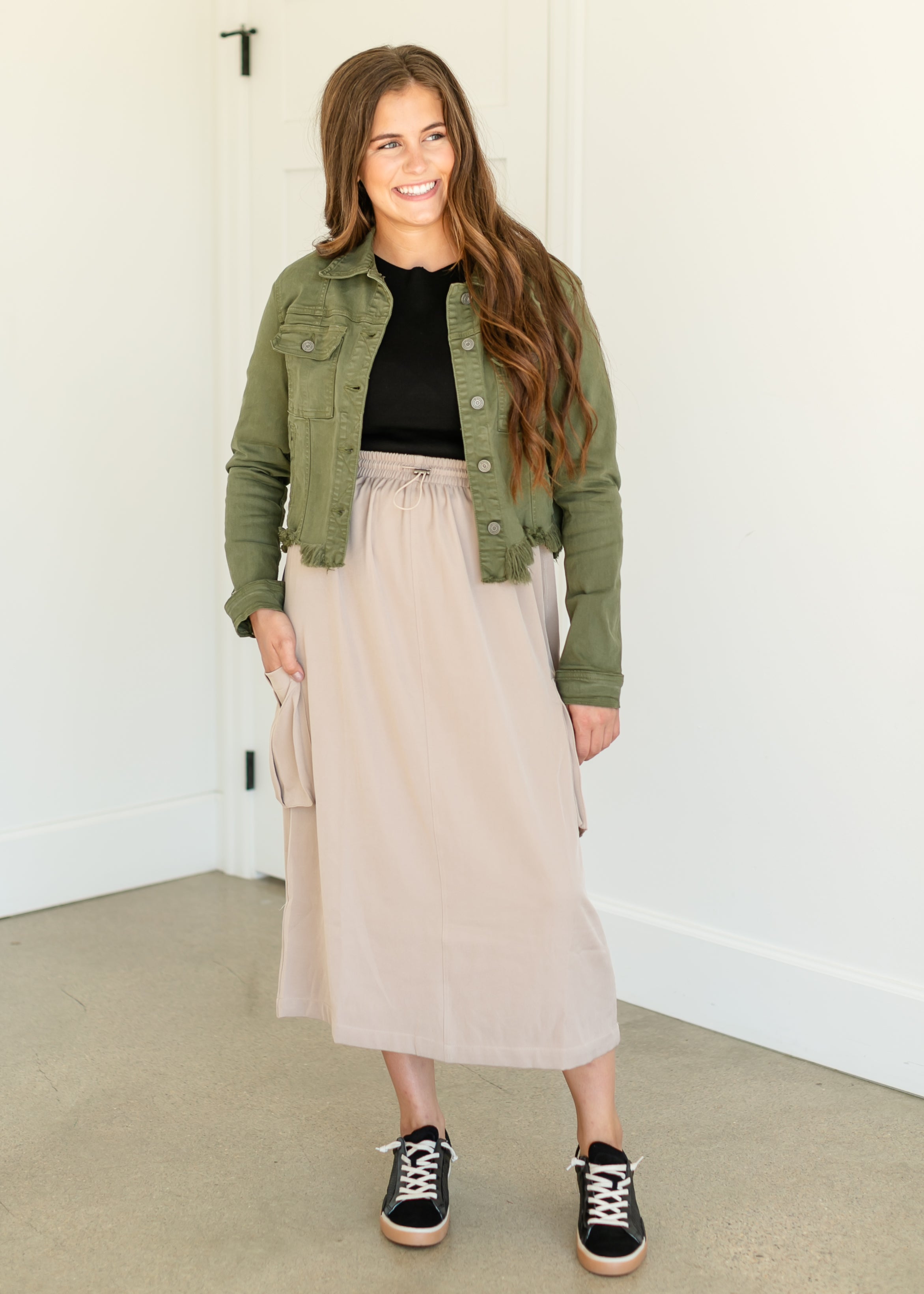 Drawstring Waist Cargo Midi Skirt