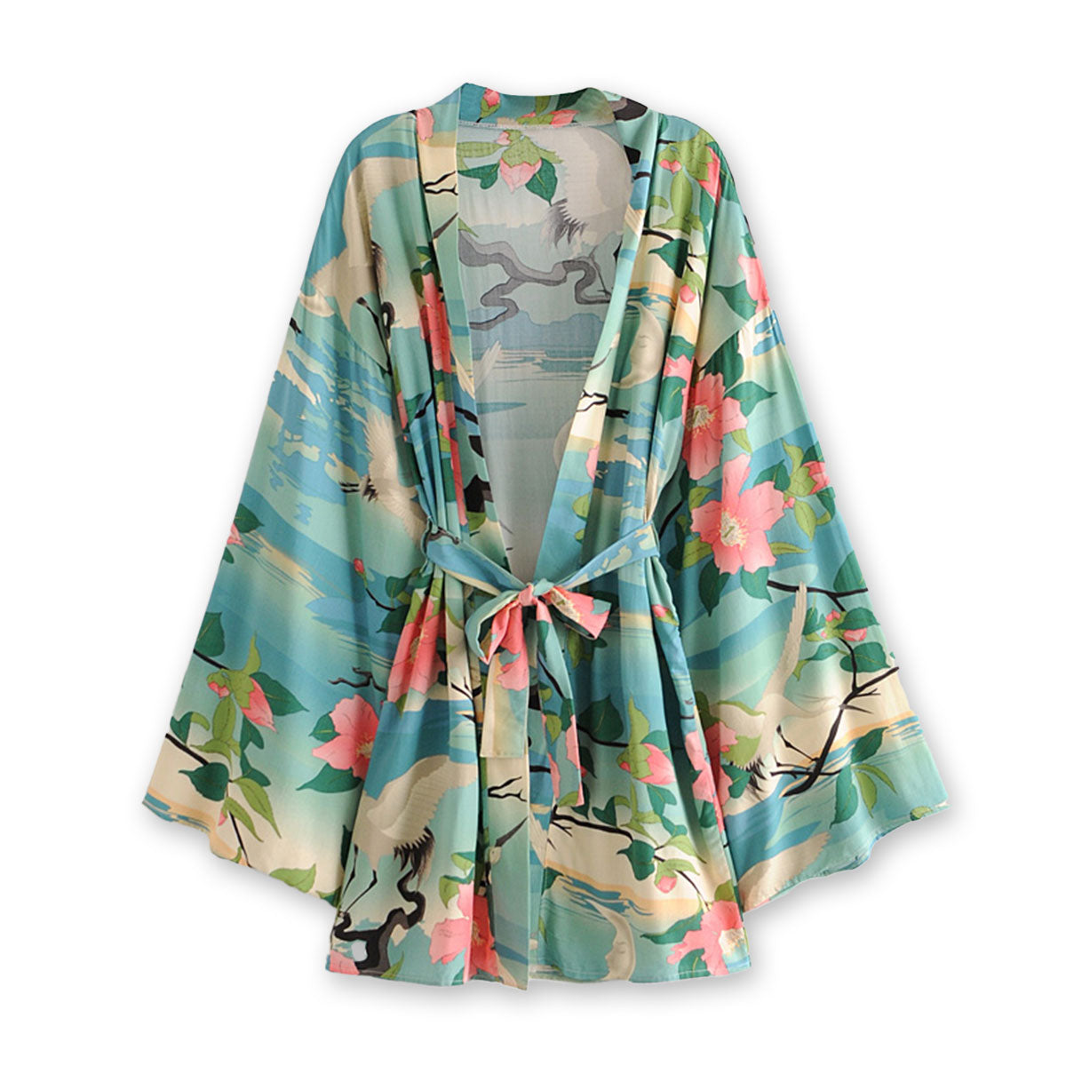 Moonlight Crane Boho Floral Print Short Robe