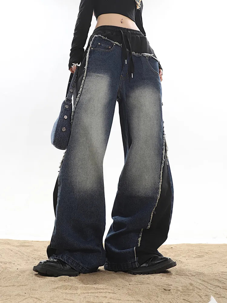 Classic Retro Elastic Waist Wide Leg Denim Pants