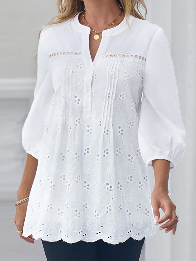 Women's Lantern Sleeve Lace Hollow Out Shirt