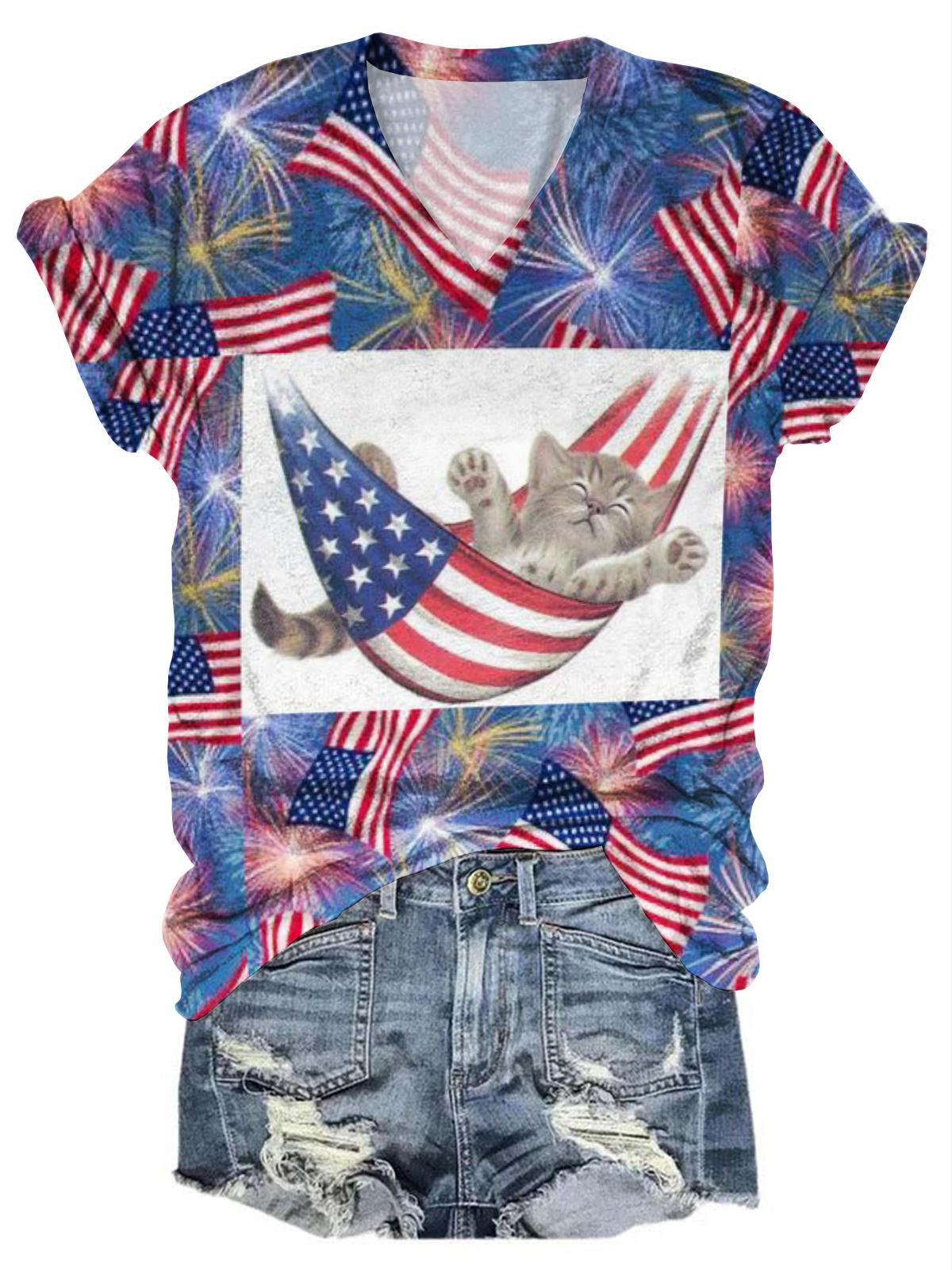 American Flag Cat V Neck T-Shirt
