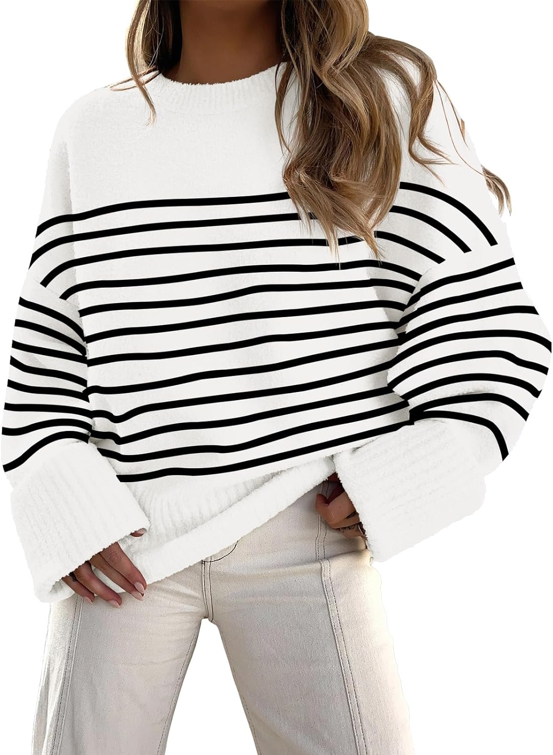 Women's Crewneck Long Sleeve Oversized Fuzzy Knit Chunky Warm Pullover Sweater Top