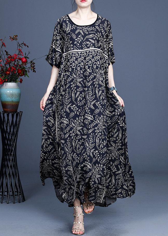 Women Black O-Neck Vintage Summer Silk Blended Maxi Dresses